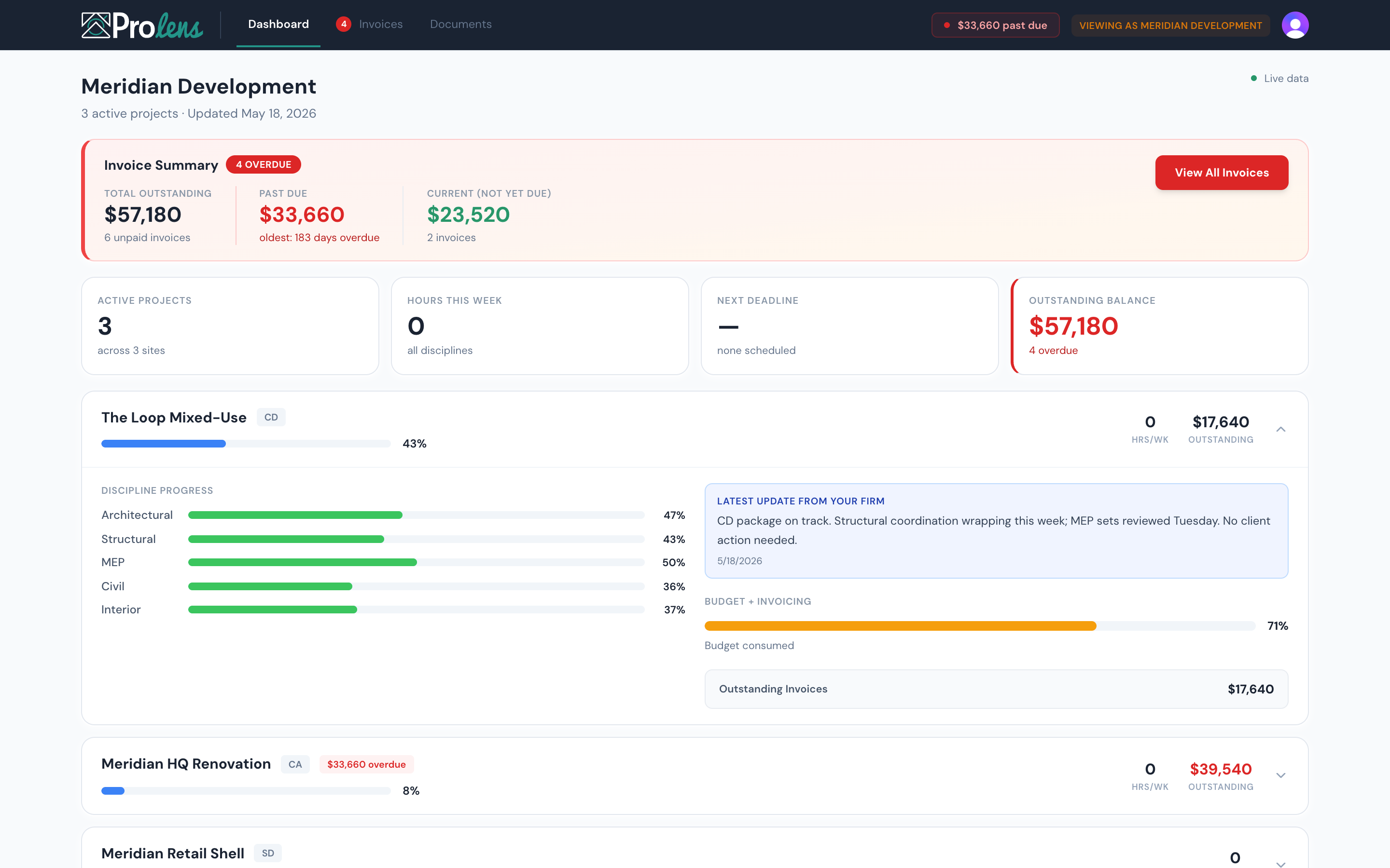 ProLens client portal showing project status, invoice accountability, and satisfaction pulse