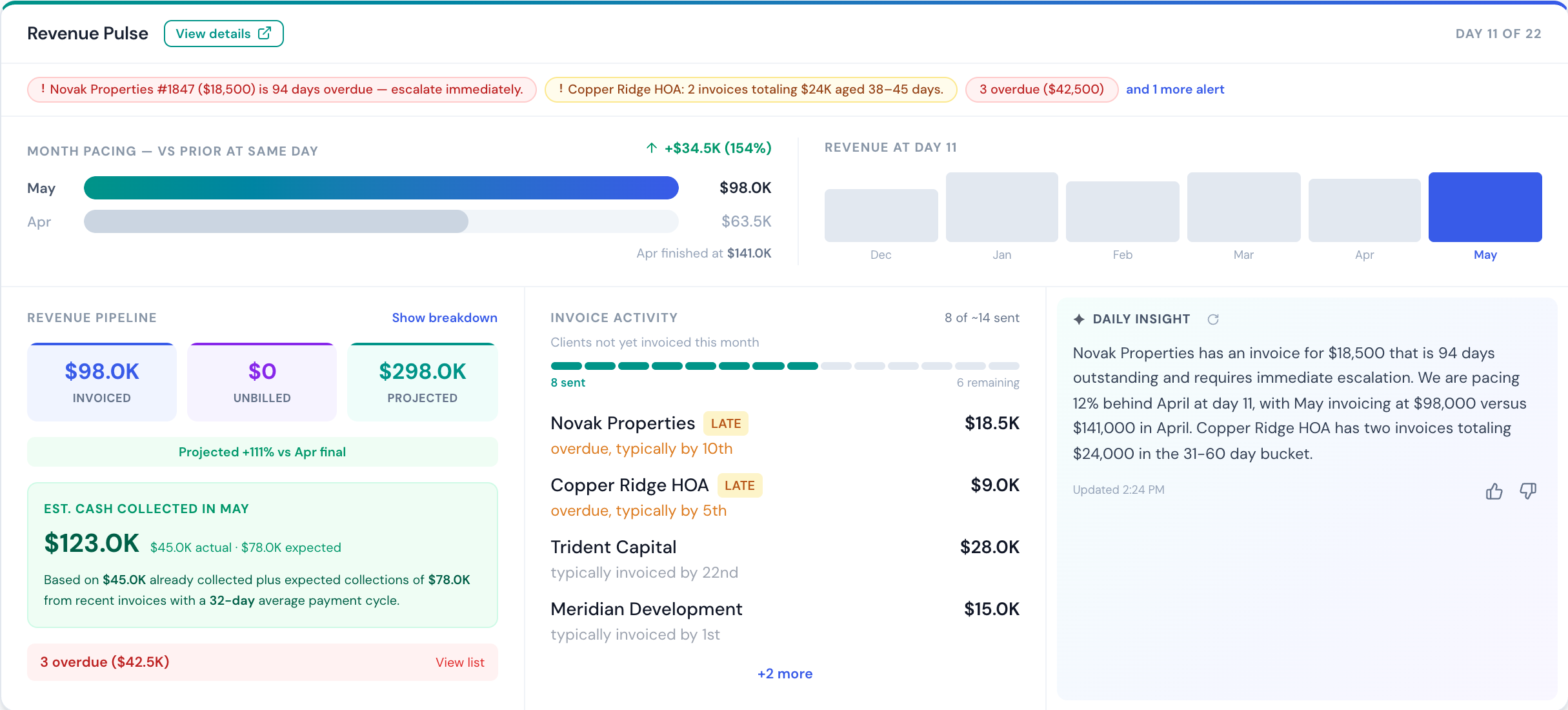 ProLens Revenue Pulse widget with AI-generated daily financial briefing